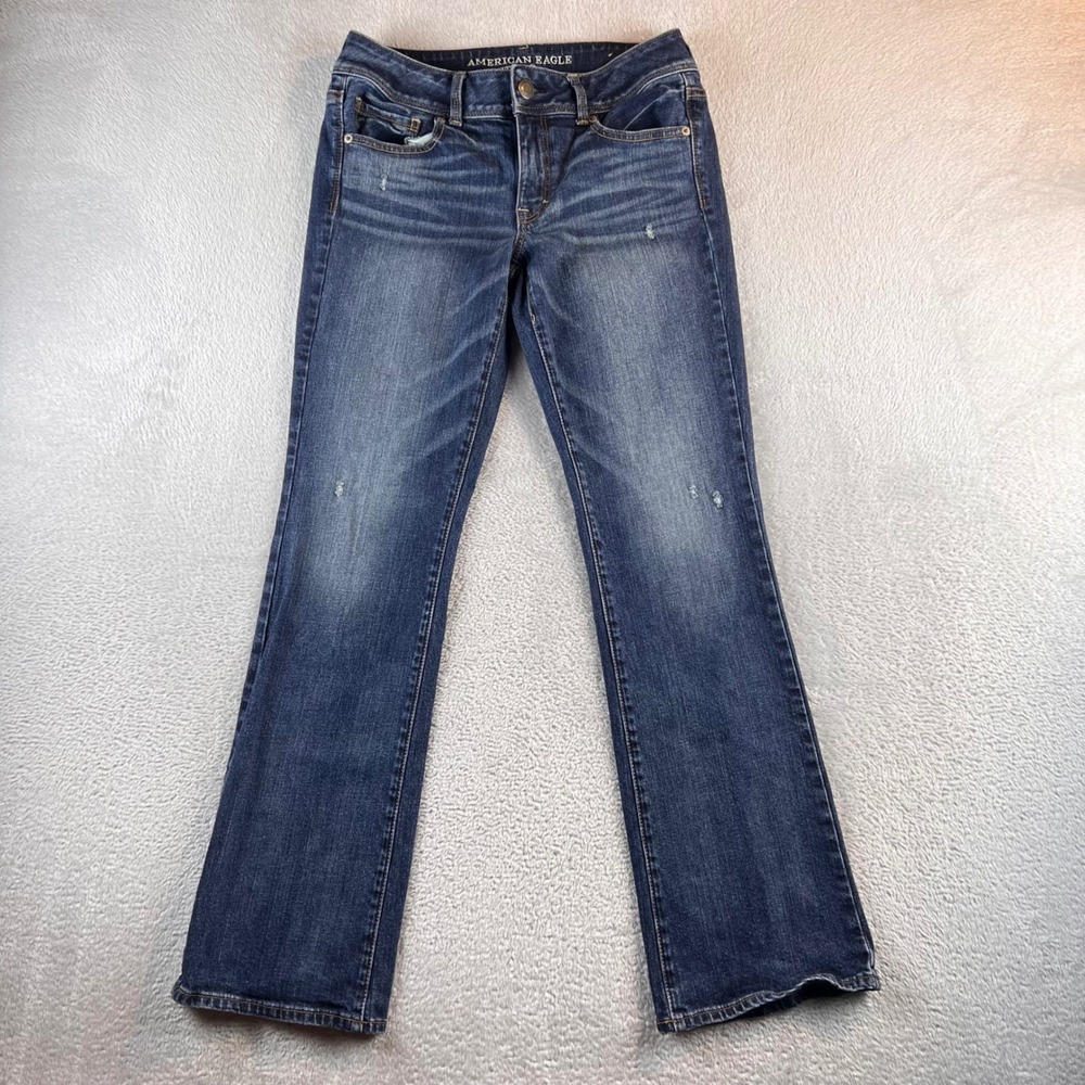 American Eagle Kick Boot Stretch Jeans Dark Wash Distressed Bootcut Size 8 Reg